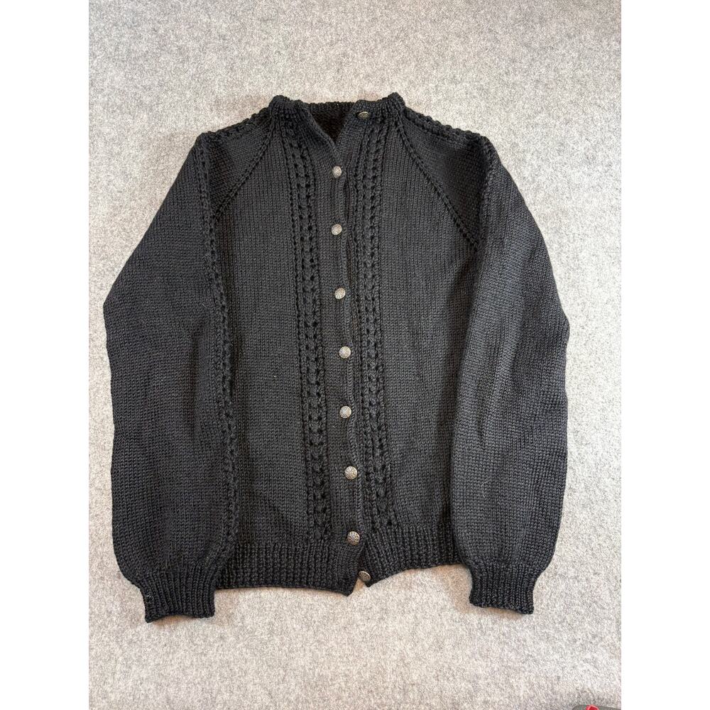 VINTAGE 60s Cardigan Sweater Womens M Black Cable Knit Button Front Minimalist